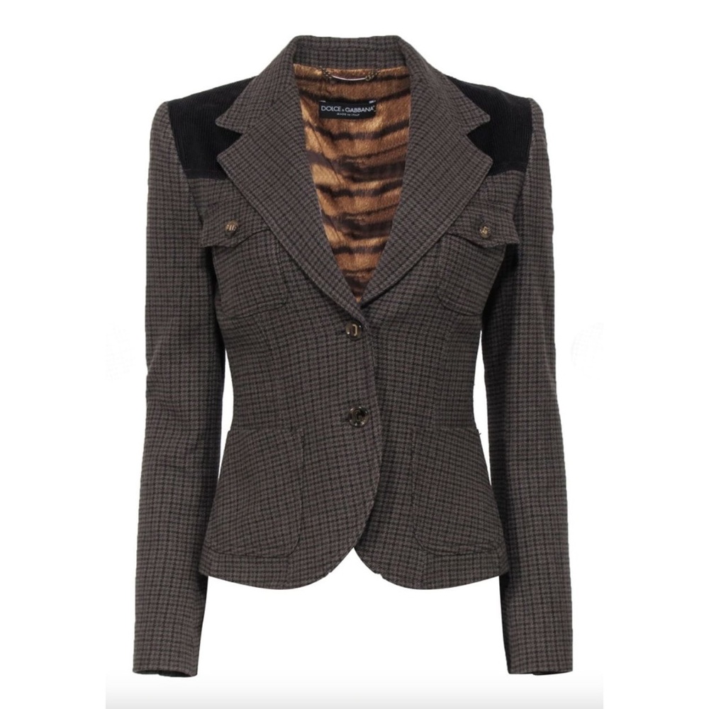 Dolce & Gabbana Brown Houndstooth/Plaid Wool and Corduroy Blazer/Jacket Size 6/8